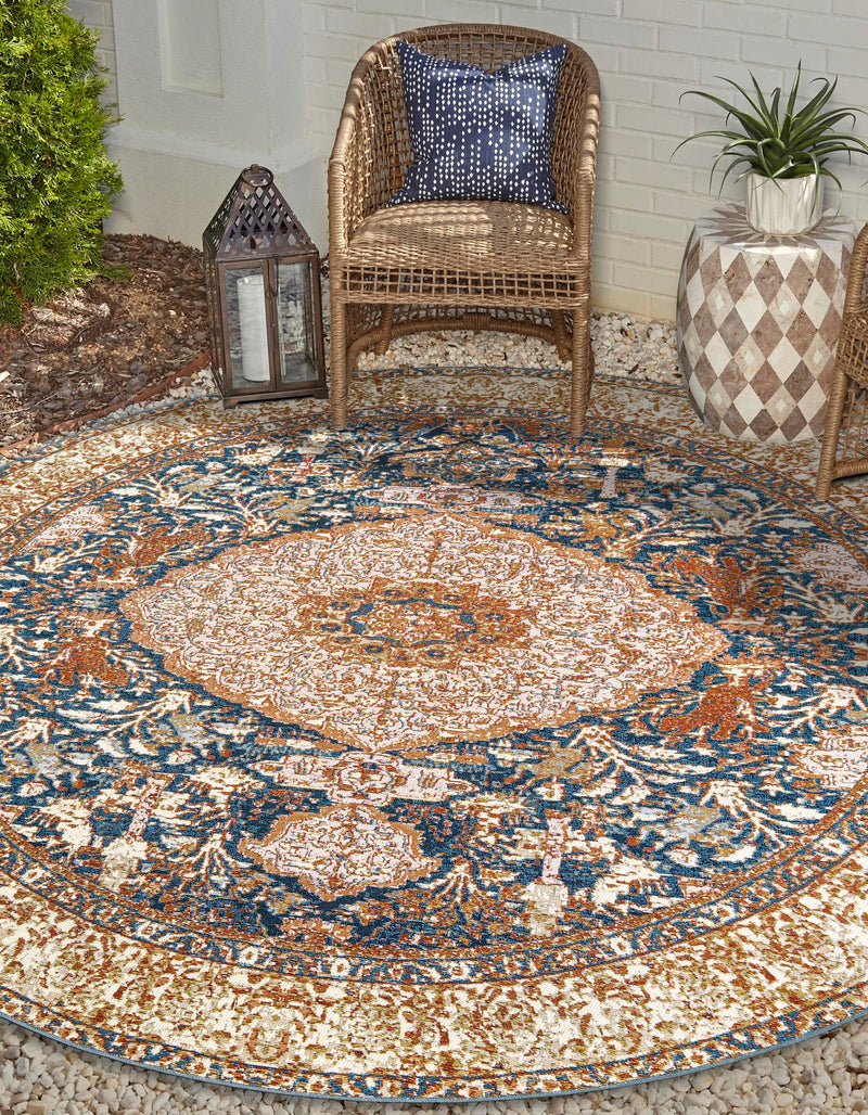 Patio Elegance Collection Area Rug - Courtyard Round Navy Blue and Light Pink lifestyle 40