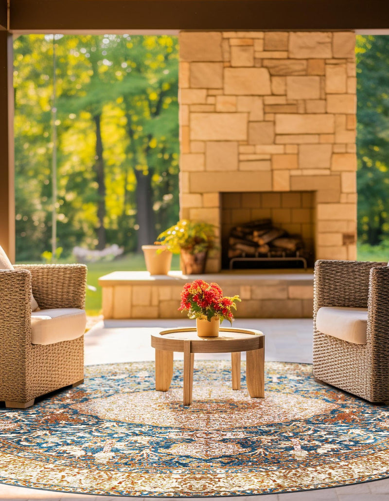 Patio Elegance Collection Area Rug - Courtyard Round Navy Blue and Light Pink lifestyle 46