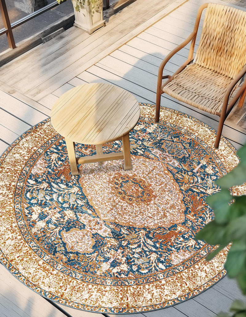 Patio Elegance Collection Area Rug - Courtyard Round Navy Blue and Light Pink lifestyle 49