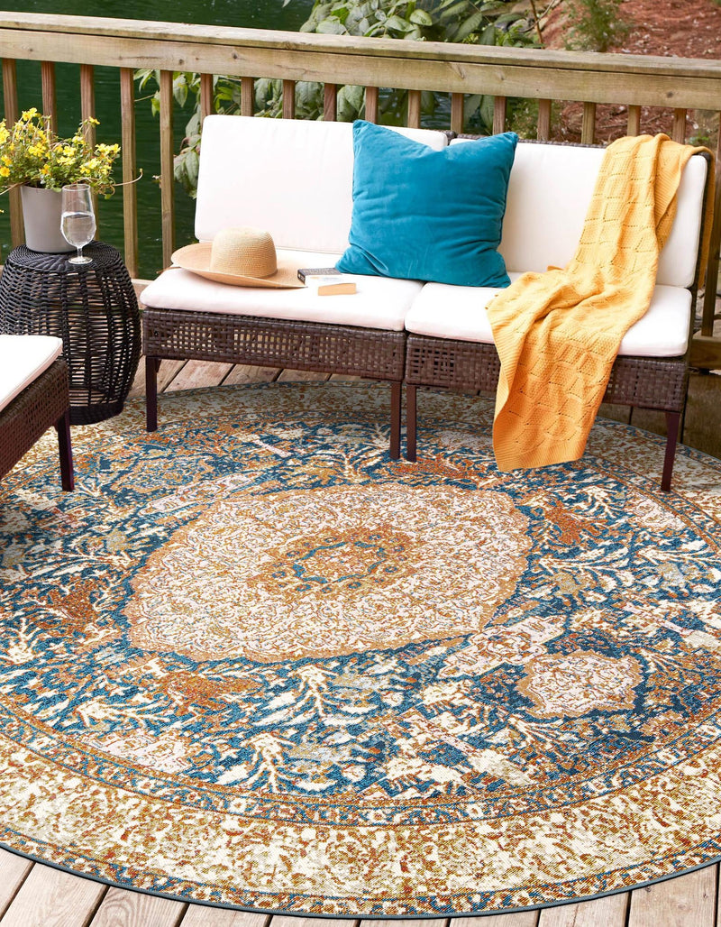 Patio Elegance Collection Area Rug - Courtyard Round Navy Blue and Light Pink lifestyle 52