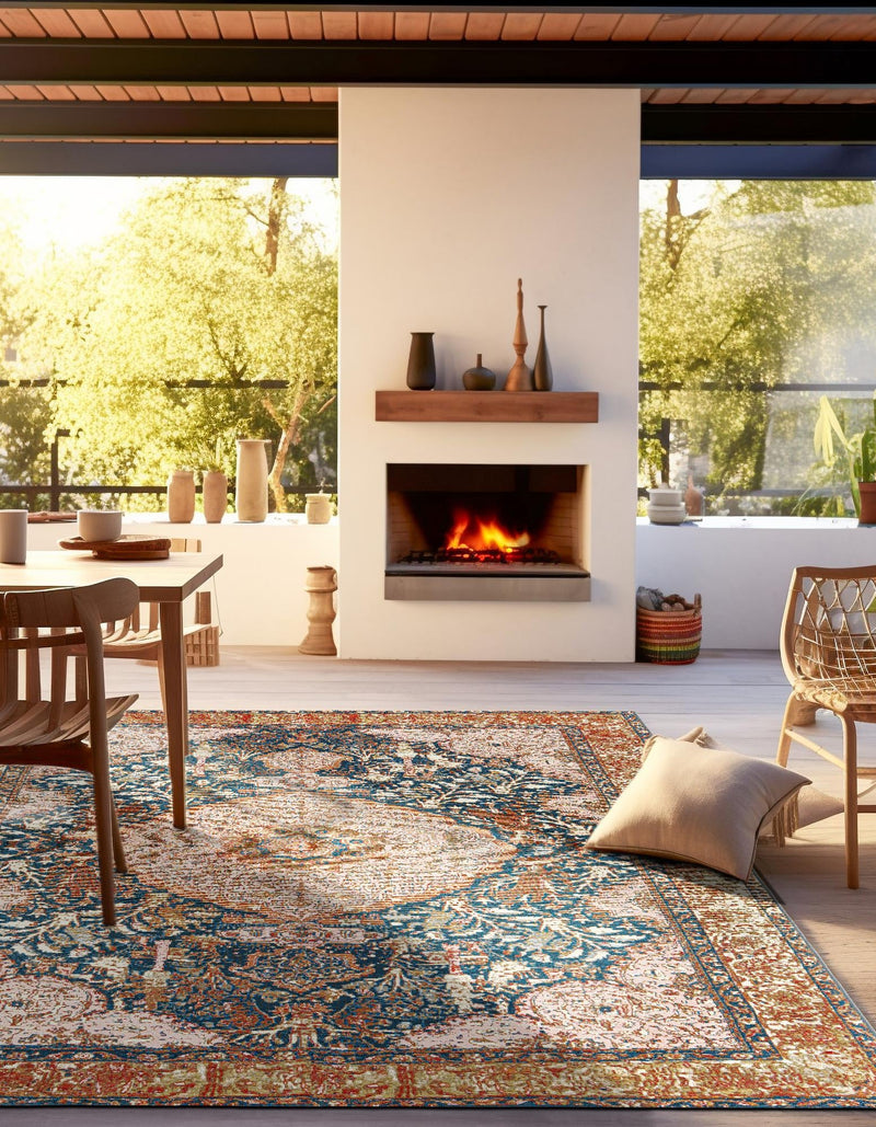Patio Elegance Collection Area Rug - Courtyard Square Navy Blue and Light Pink lifestyle 27