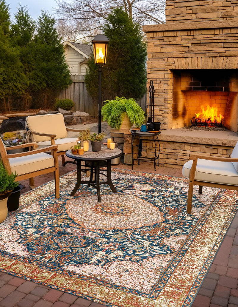 Patio Elegance Collection Area Rug - Courtyard Square Navy Blue and Light Pink lifestyle 33