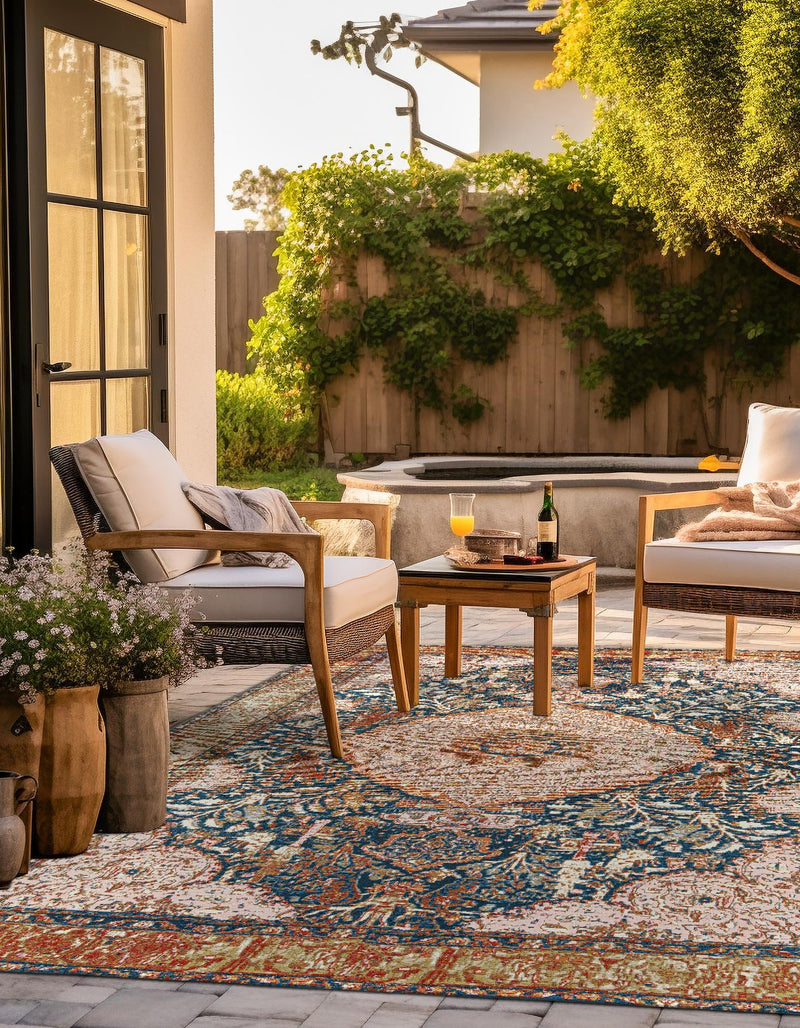 Patio Elegance Collection Area Rug - Courtyard Square Navy Blue and Light Pink lifestyle 36
