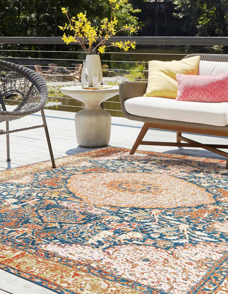 Patio Elegance Collection Area Rug - Courtyard Square Navy Blue and Light Pink lifestyle 48
