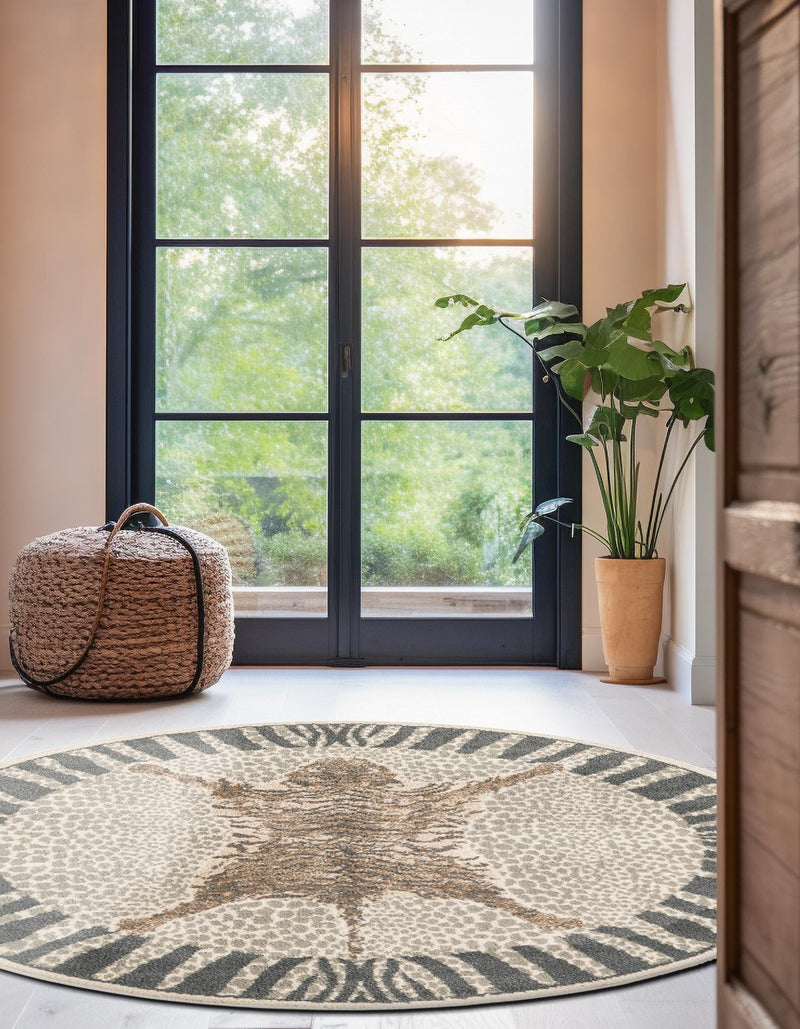 Savannah Sojourn Collection Area Rug - Masai Round Gray and Ivory lifestyle 34