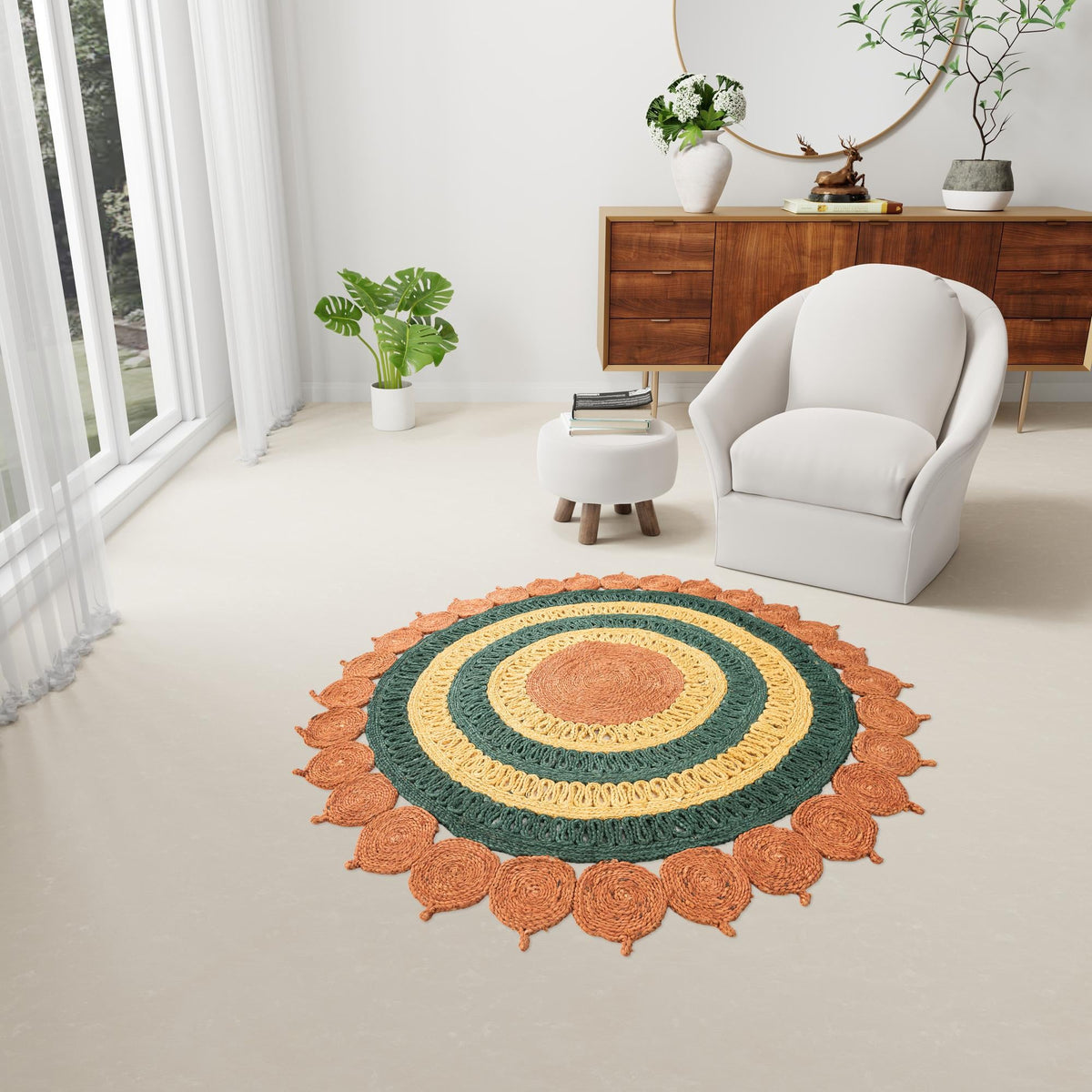 Woven Seaside Jute Collection Area Rug - Coastalhaven (Orange Green Yellow) Round Orange Green Yellow lifestyle 34