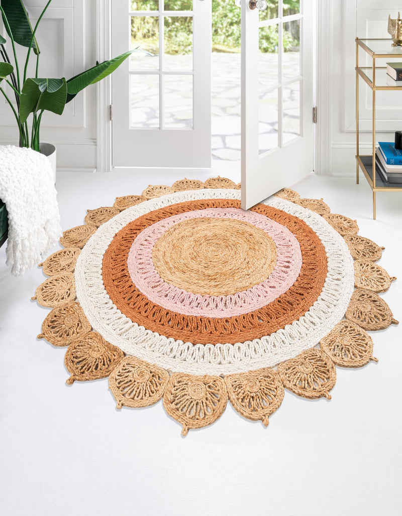 Woven Seaside Jute Collection Area Rug - Coastalhaven (Natural White Orange Pink) Round Natural White Orange Pink lifestyle 3