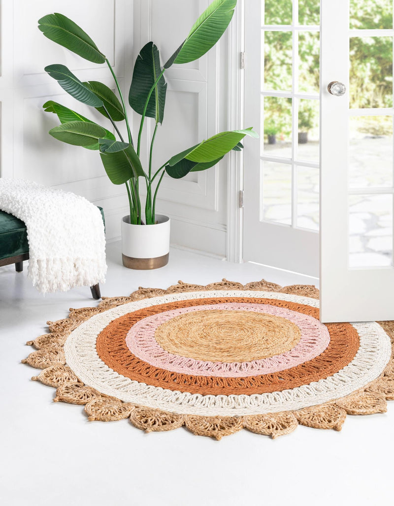 Woven Seaside Jute Collection Area Rug - Coastalhaven (Natural White Orange Pink) Round Natural White Orange Pink lifestyle 5