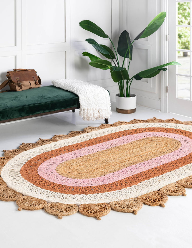 Woven Seaside Jute Collection Area Rug - Coastalhaven (Natural White Orange Pink) Oval Natural White Orange Pink lifestyle 6