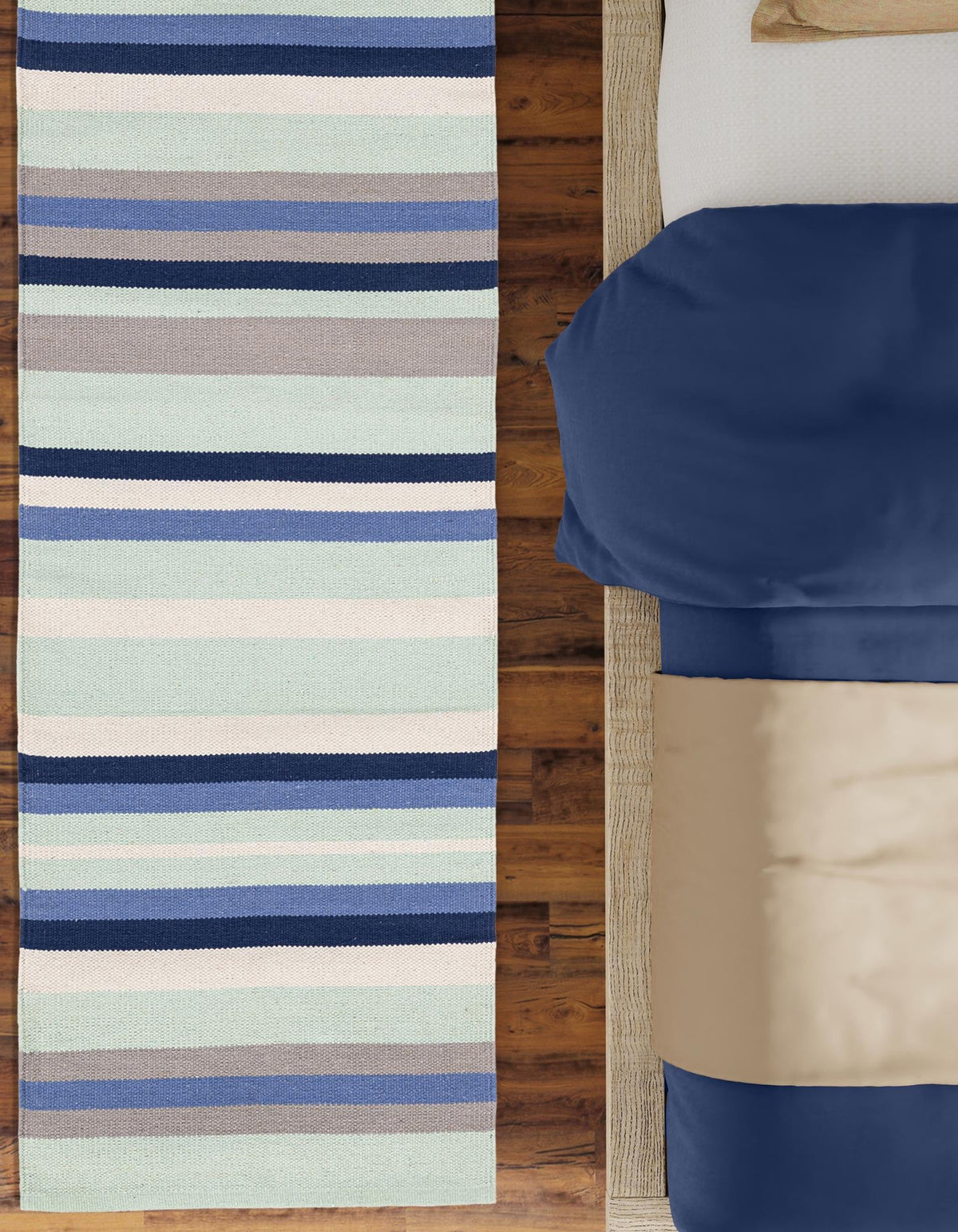 Coastal Stripe Dhurrie Collection Area Rug - Seashore Runner Aqua Blue and Gray lifestyle 126