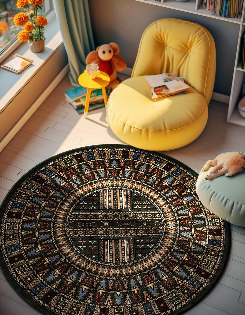 Samarkand Elegance Collection Area Rug - Ishratkhana Round Dark Green lifestyle 155