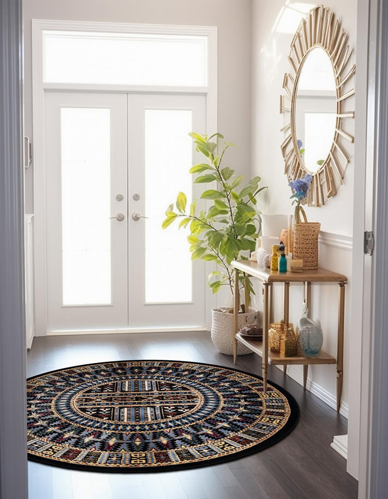 Samarkand Elegance Collection Area Rug - Ishratkhana Round Black lifestyle 144