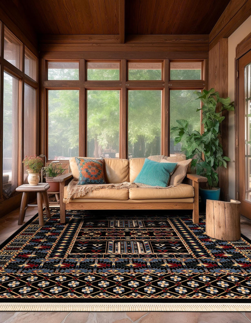 Samarkand Elegance Collection Area Rug - Ishratkhana Square Black lifestyle 131
