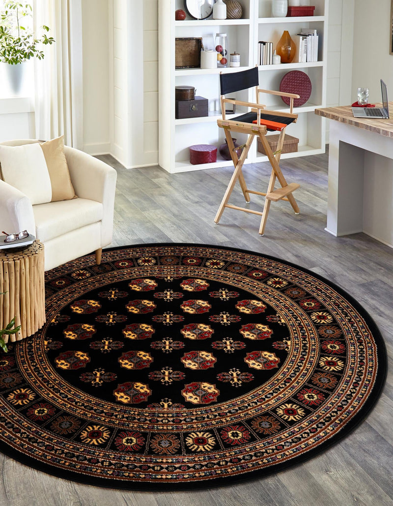 Samarkand Elegance Collection Area Rug - Margilan (Black) Round Black lifestyle 25