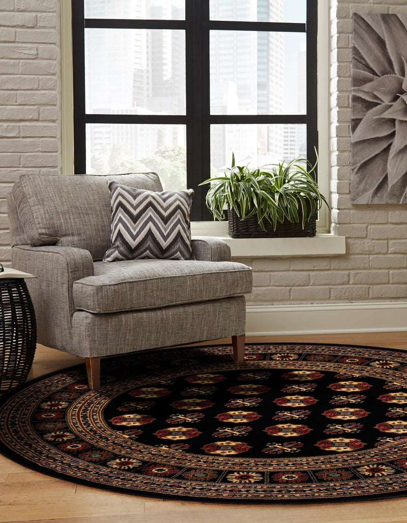 Samarkand Elegance Collection Area Rug - Margilan (Black) Round Black lifestyle 34