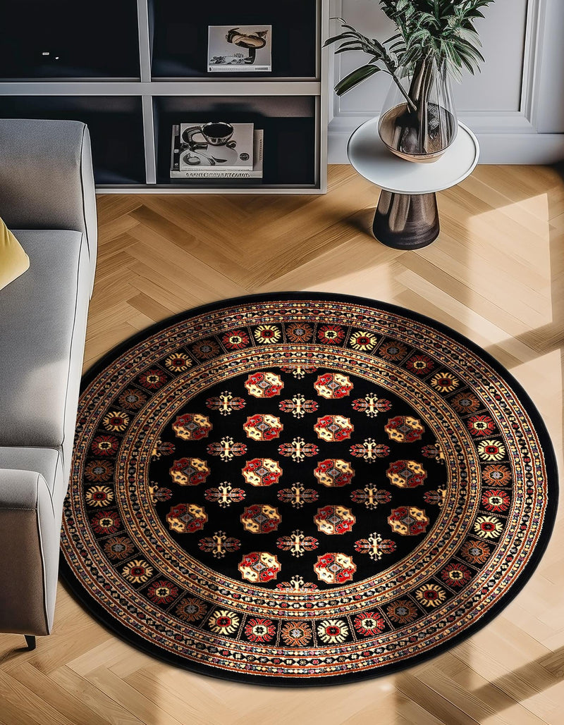 Samarkand Elegance Collection Area Rug - Margilan (Black) Round Black lifestyle 37