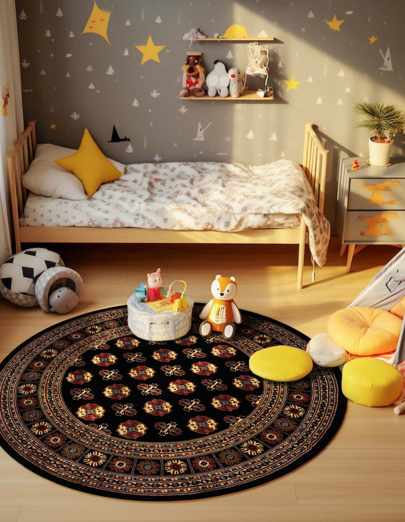 Samarkand Elegance Collection Area Rug - Margilan (Black) Round Black lifestyle 40