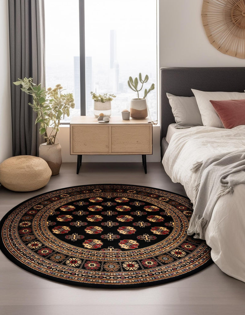 Samarkand Elegance Collection Area Rug - Margilan (Black) Round Black lifestyle 49