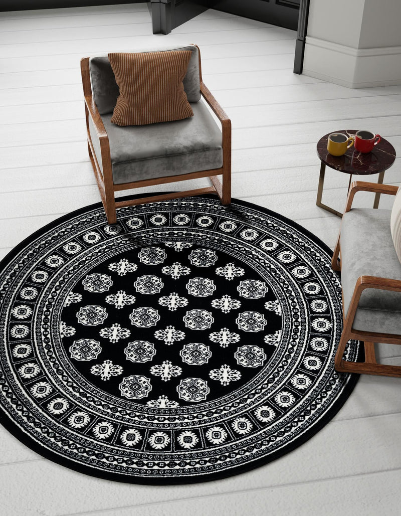 Samarkand Elegance Collection Area Rug - Margilan (Black and White) Round Black and White lifestyle 45
