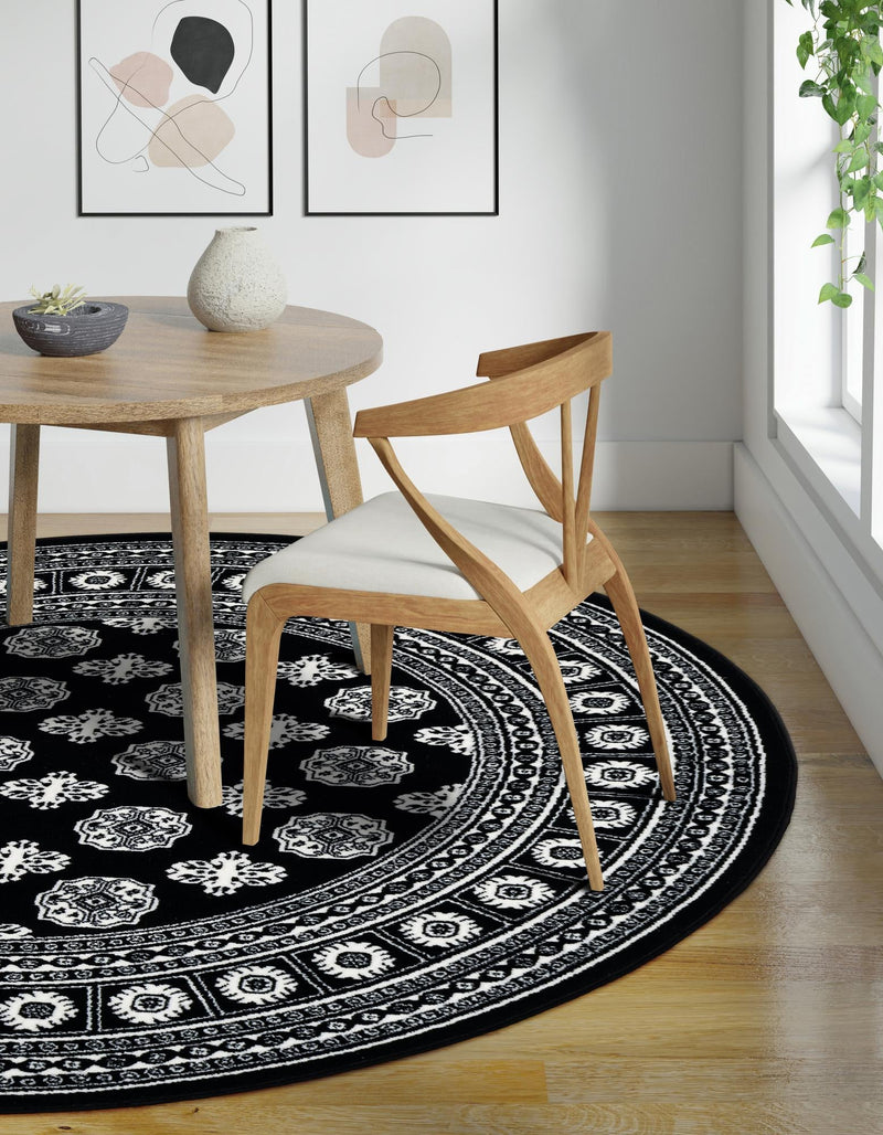 Samarkand Elegance Collection Area Rug - Margilan (Black and White) Round Black and White lifestyle 48