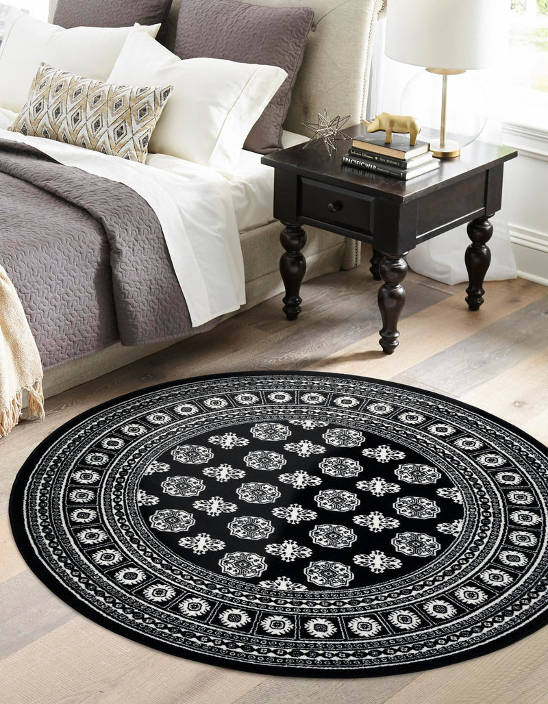 Samarkand Elegance Collection Area Rug - Margilan (Black and White) Round Black and White lifestyle 51
