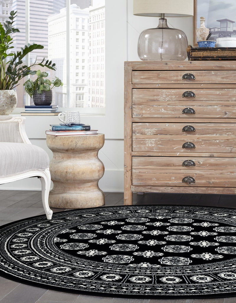 Samarkand Elegance Collection Area Rug - Margilan (Black and White) Round Black and White lifestyle 54