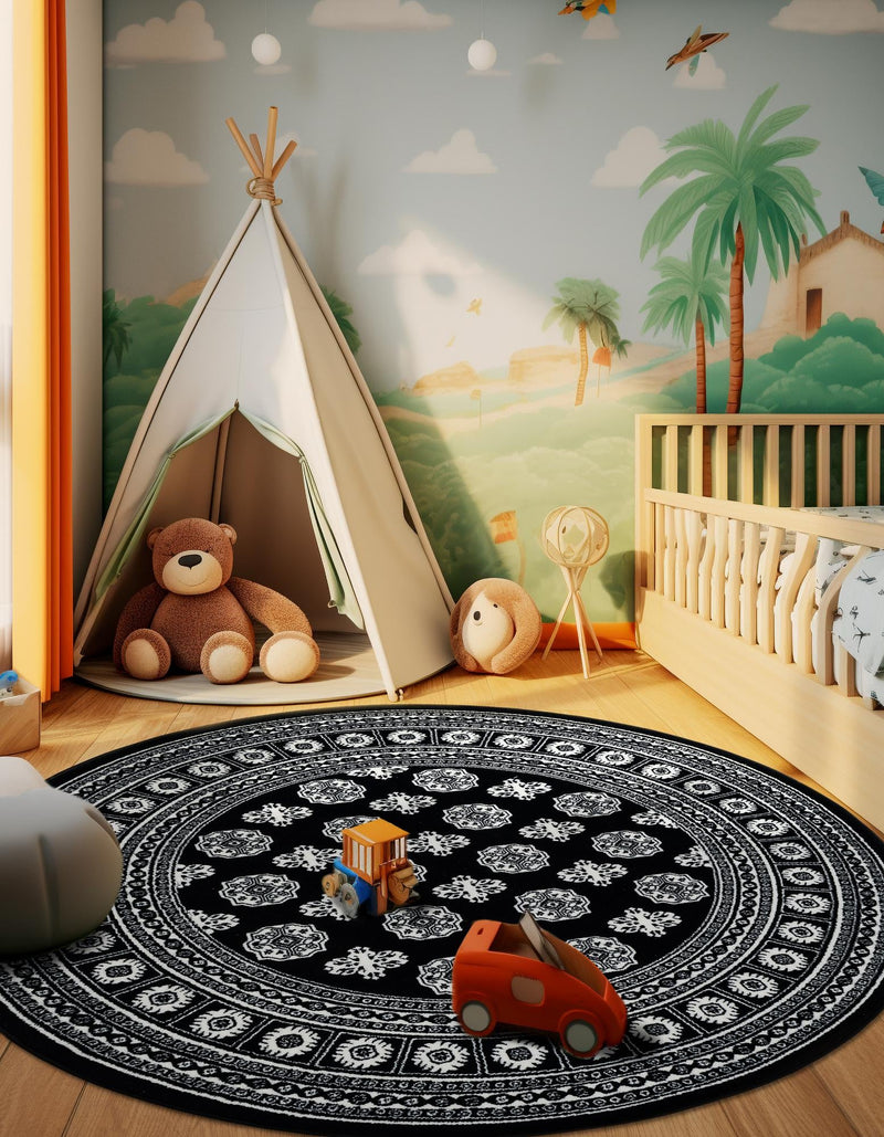 Samarkand Elegance Collection Area Rug - Margilan (Black and White) Round Black and White lifestyle 57