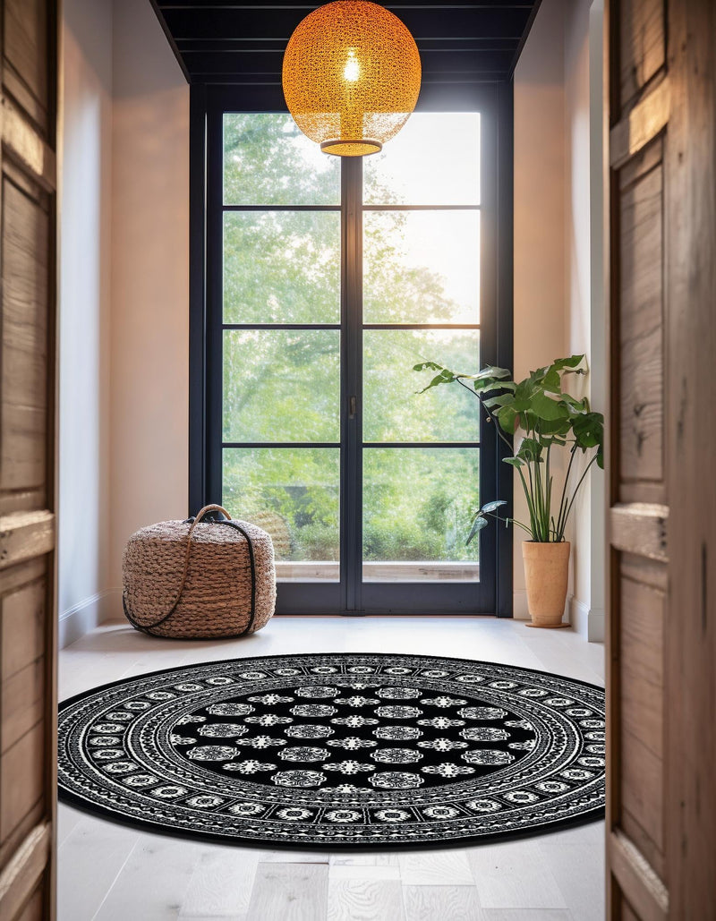 Samarkand Elegance Collection Area Rug - Margilan (Black and White) Round Black and White lifestyle 60