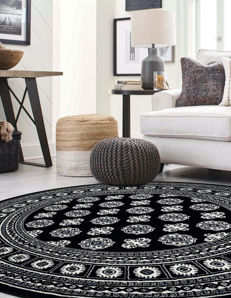 Samarkand Elegance Collection Area Rug - Margilan (Black and White) Round Black and White lifestyle 63