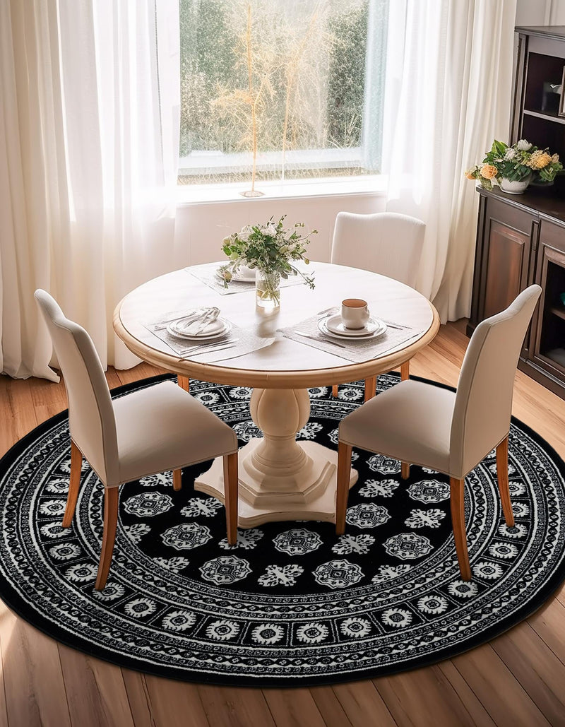 Samarkand Elegance Collection Area Rug - Margilan (Black and White) Round Black and White lifestyle 66
