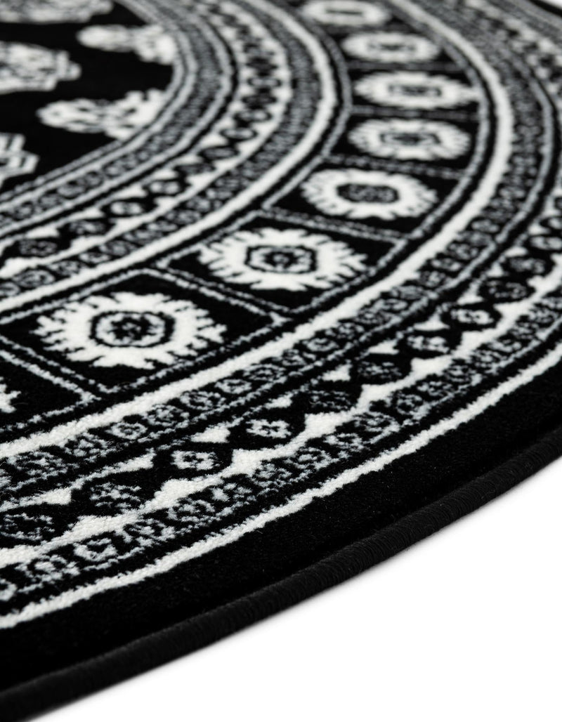 Samarkand Elegance Collection Area Rug - Margilan (Black and White) Round Black and White lifestyle 79