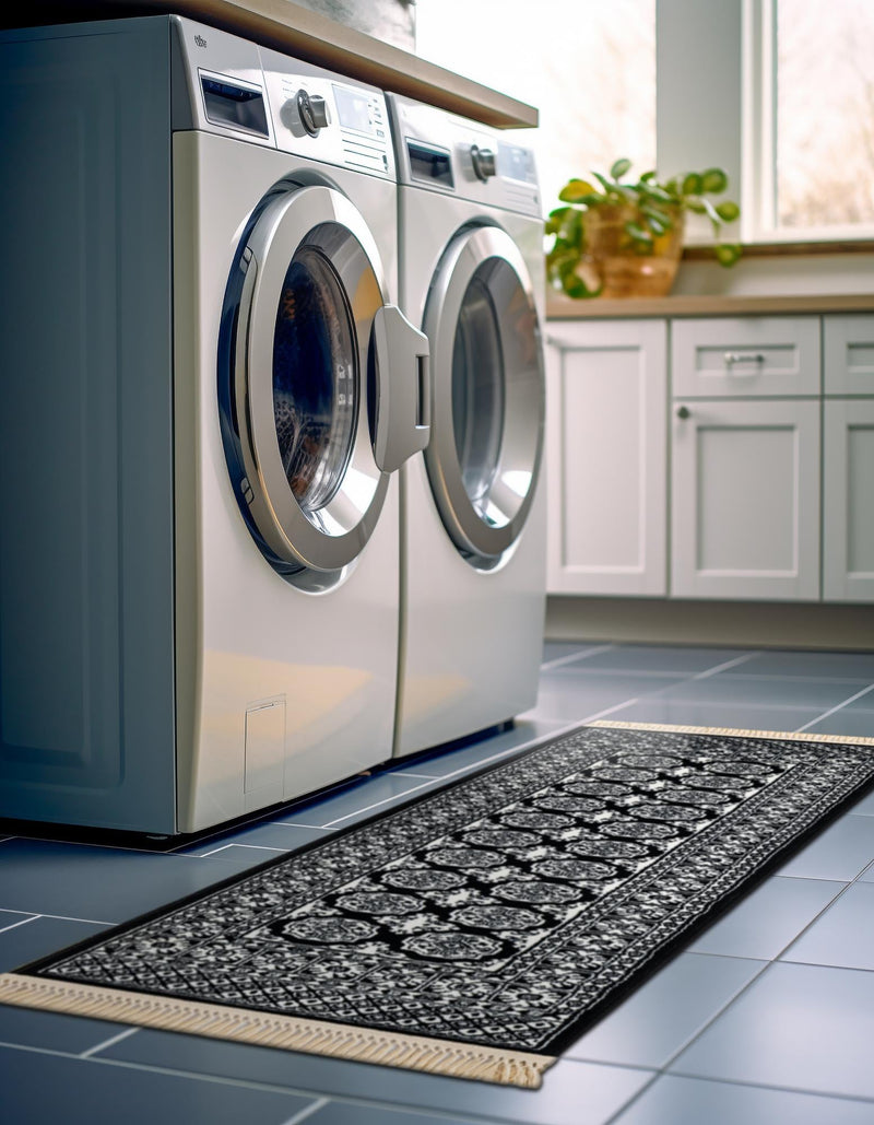 Samarkand Elegance Collection Area Rug - Margilan (Black and White) Runner Black and White lifestyle 58