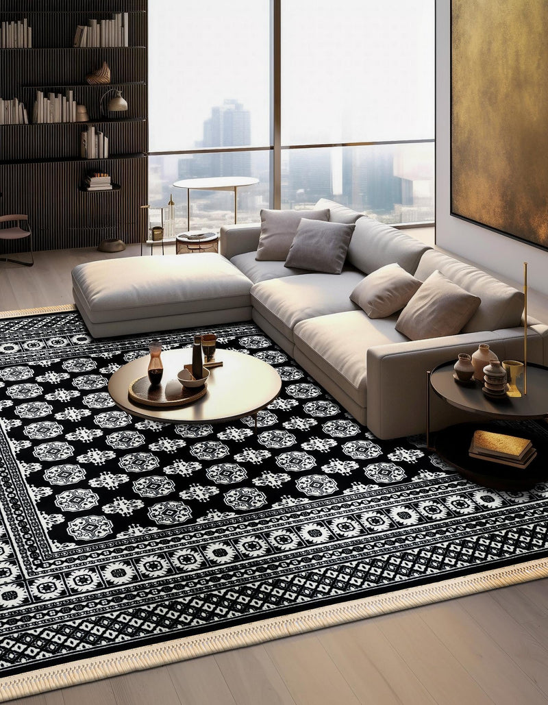 Samarkand Elegance Collection Area Rug - Margilan (Black and White) Square Black and White lifestyle 56