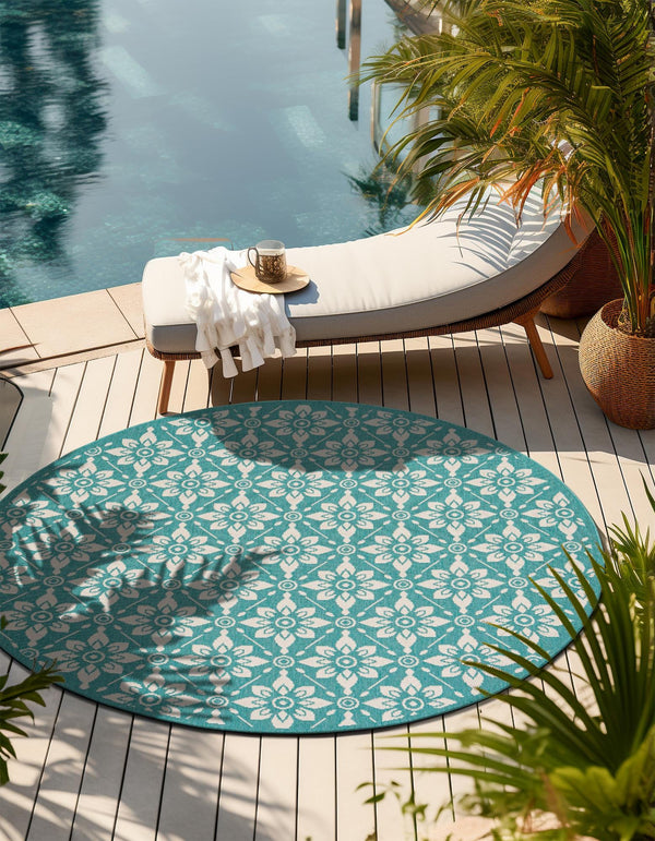 Seaside Lattice Collection Area Rug - Whitby Round Teal lifestyle 53