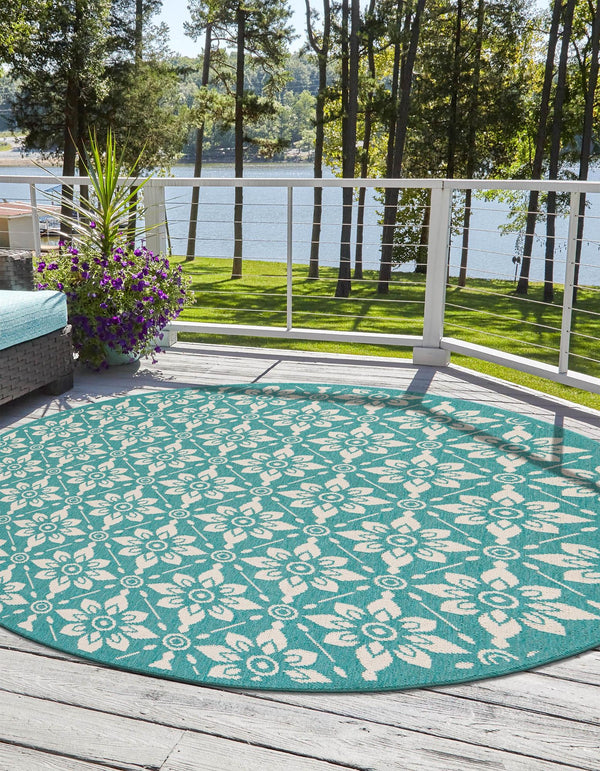 Seaside Lattice Collection Area Rug - Whitby Round Teal lifestyle 143