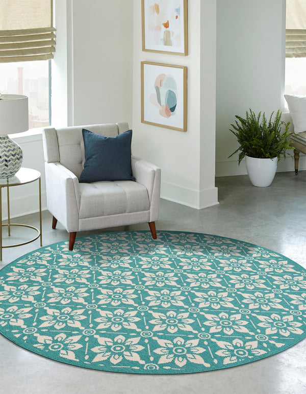 Seaside Lattice Collection Area Rug - Whitby Round Teal lifestyle 158