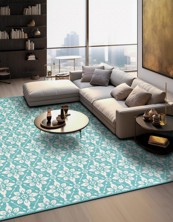 Seaside Lattice Collection Area Rug - Whitby Square Teal lifestyle 69