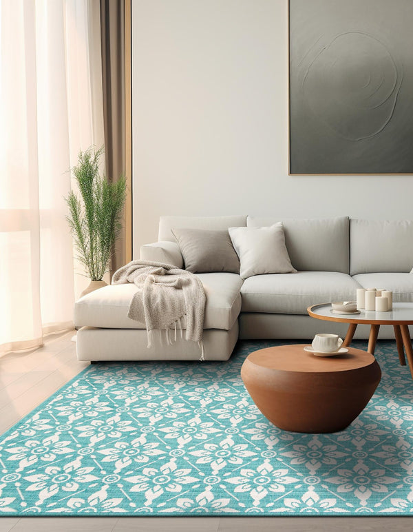 Seaside Lattice Collection Area Rug - Whitby Square Teal lifestyle 99