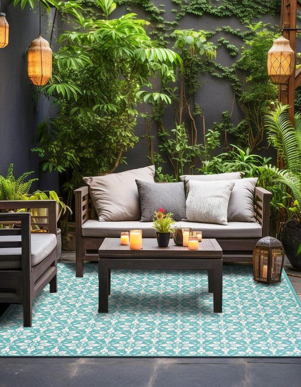 Seaside Lattice Collection Area Rug - Whitby Square Teal lifestyle 114