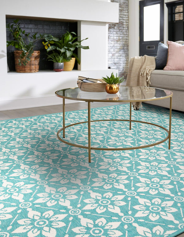 Seaside Lattice Collection Area Rug - Whitby Square Teal lifestyle 129