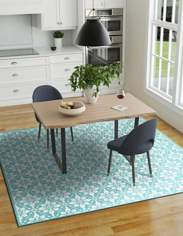Seaside Lattice Collection Area Rug - Whitby Square Teal lifestyle 159