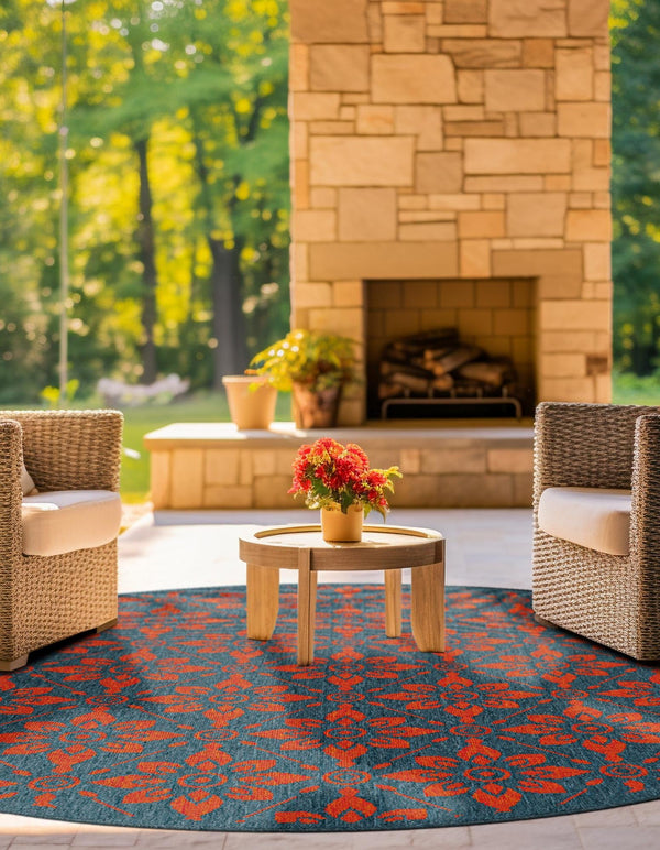 Seaside Lattice Collection Area Rug - Whitby Round Blue and Red lifestyle 86