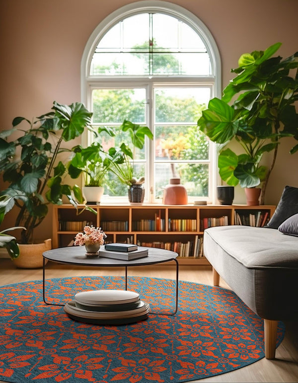 Seaside Lattice Collection Area Rug - Whitby Round Blue and Red lifestyle 131