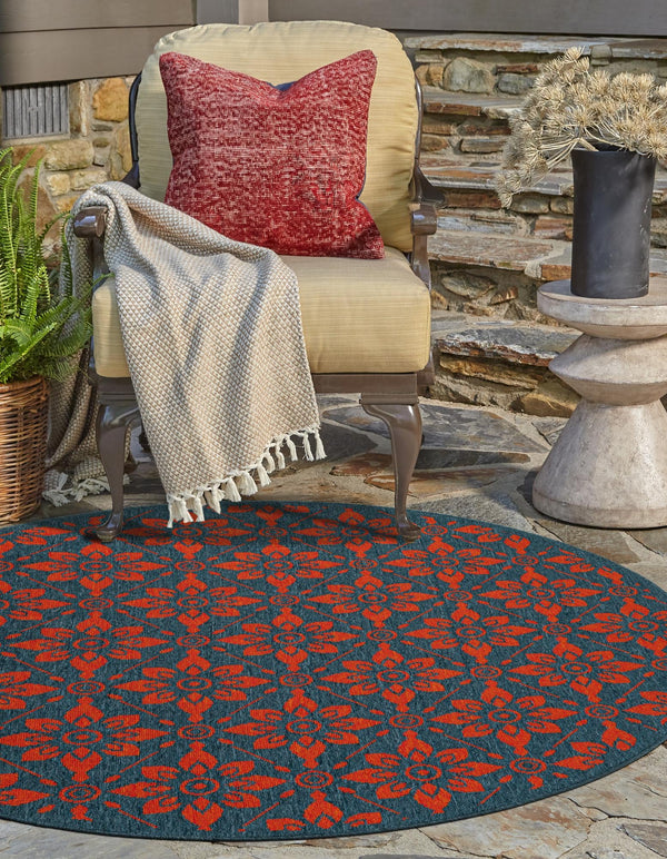 Seaside Lattice Collection Area Rug - Whitby Round Blue and Red lifestyle 146