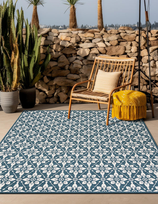 Seaside Lattice Collection Area Rug - Whitby Square Navy Blue lifestyle 93