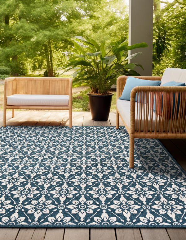 Seaside Lattice Collection Area Rug - Whitby Square Navy Blue lifestyle 123