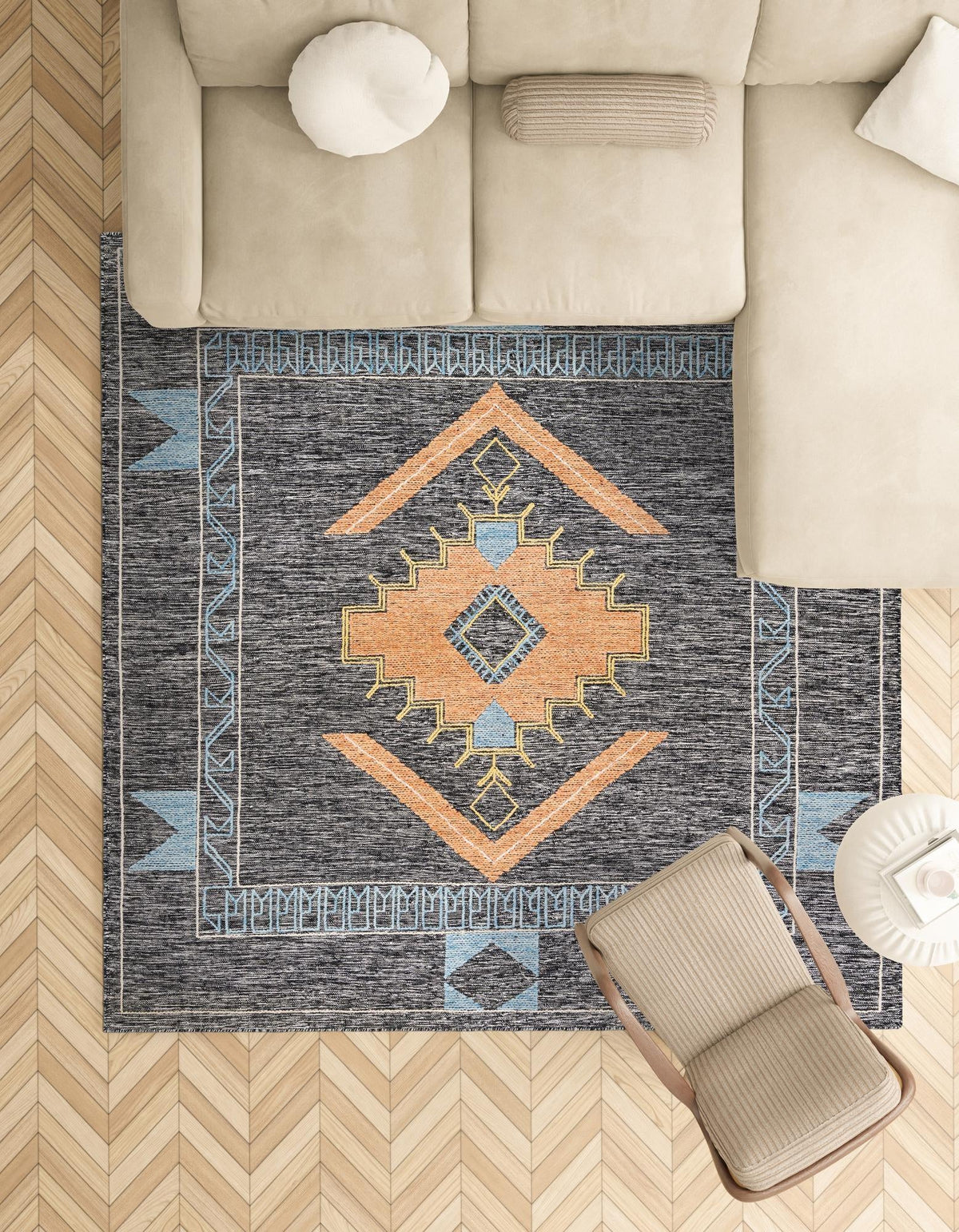 Caspian Wool Collection Area Rug - Ephesus Square Charcoal Gray lifestyle 44