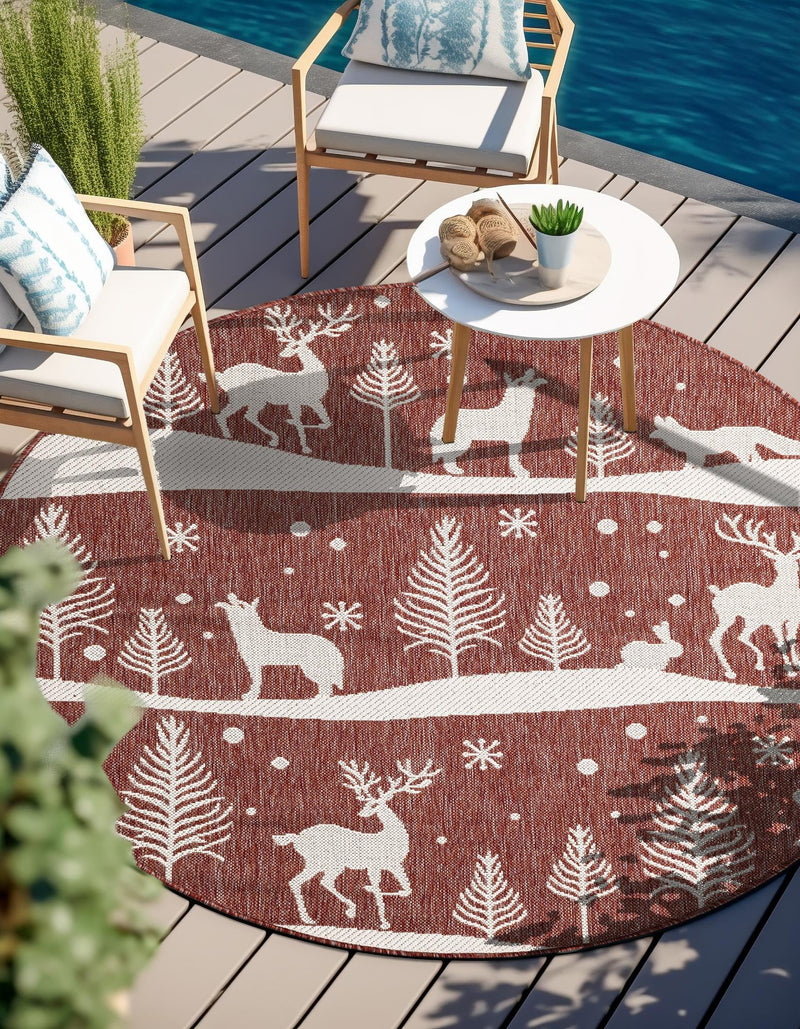 Garden Festivity Collection Area Rug - Evergreen Round Red lifestyle 2