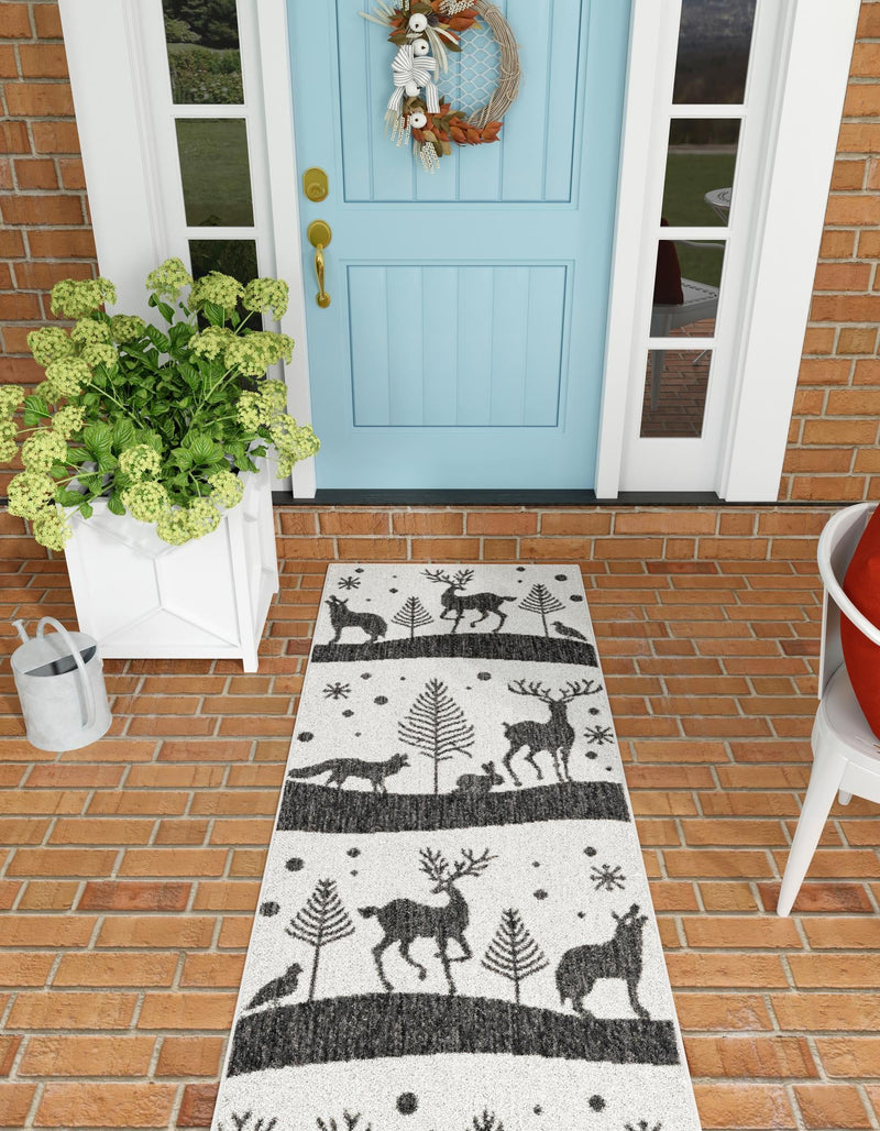 Garden Festivity Collection Area Rug - Evergreen Runner Black and White lifestyle 72