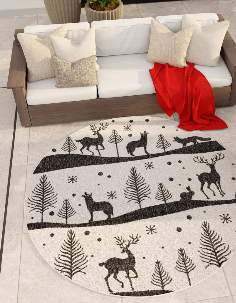 Garden Festivity Collection Area Rug - Evergreen Round Black and White lifestyle 0